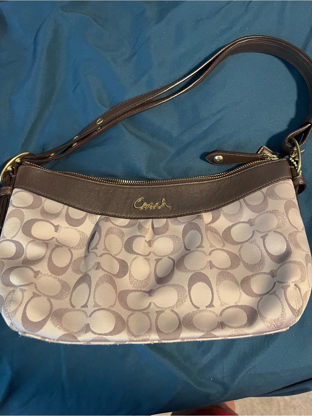 Coach Light Pink Signature Jacquard Shoulder Bag with Brown Trim